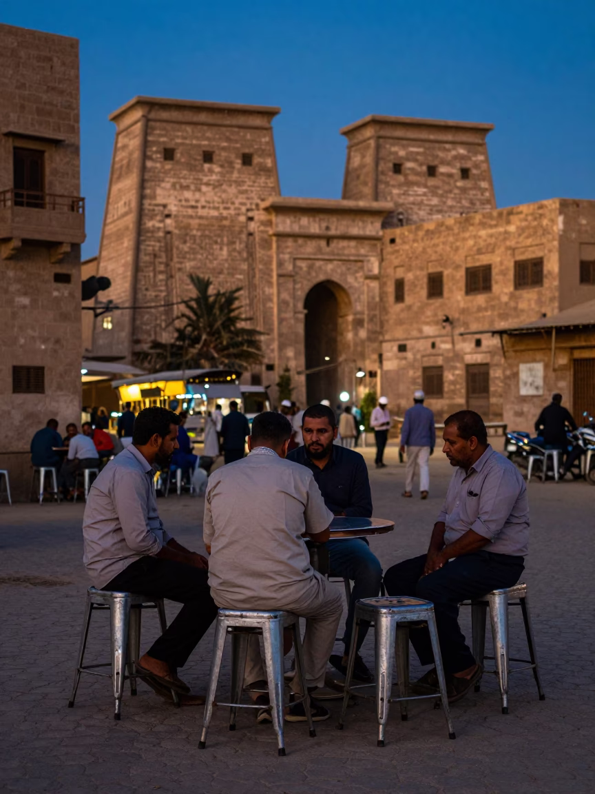 Luxor Egypt Twilight Street Scene with Metal Stools and Local Interaction in in Luxor, Egypt