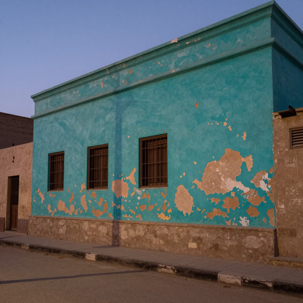 Luxor Egypt Twilight Street Scene with Peeling Turquoise Paint and Nubian Architecture in in Luxor, Egypt