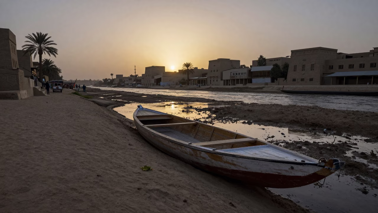 Luxor Egypt Twilight Street Scene with Punt Boat and Leaf Shadows in in Luxor, Egypt