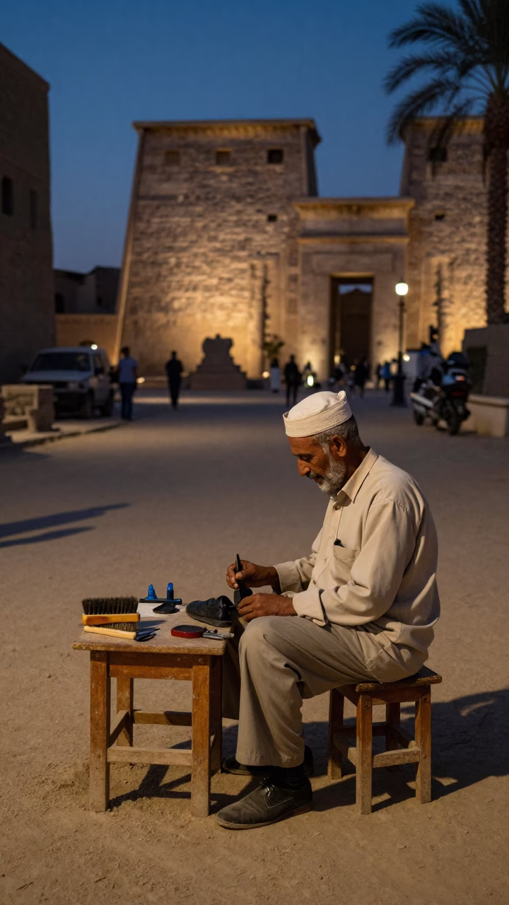 Luxor Egypt Twilight Street Scene with Shoe Brush and Wooden Stool in in Luxor, Egypt