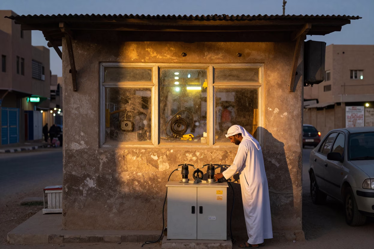 Luxor Egypt Twilight Street Scene with Sun Stripe and Substation Glow in in Luxor, Egypt