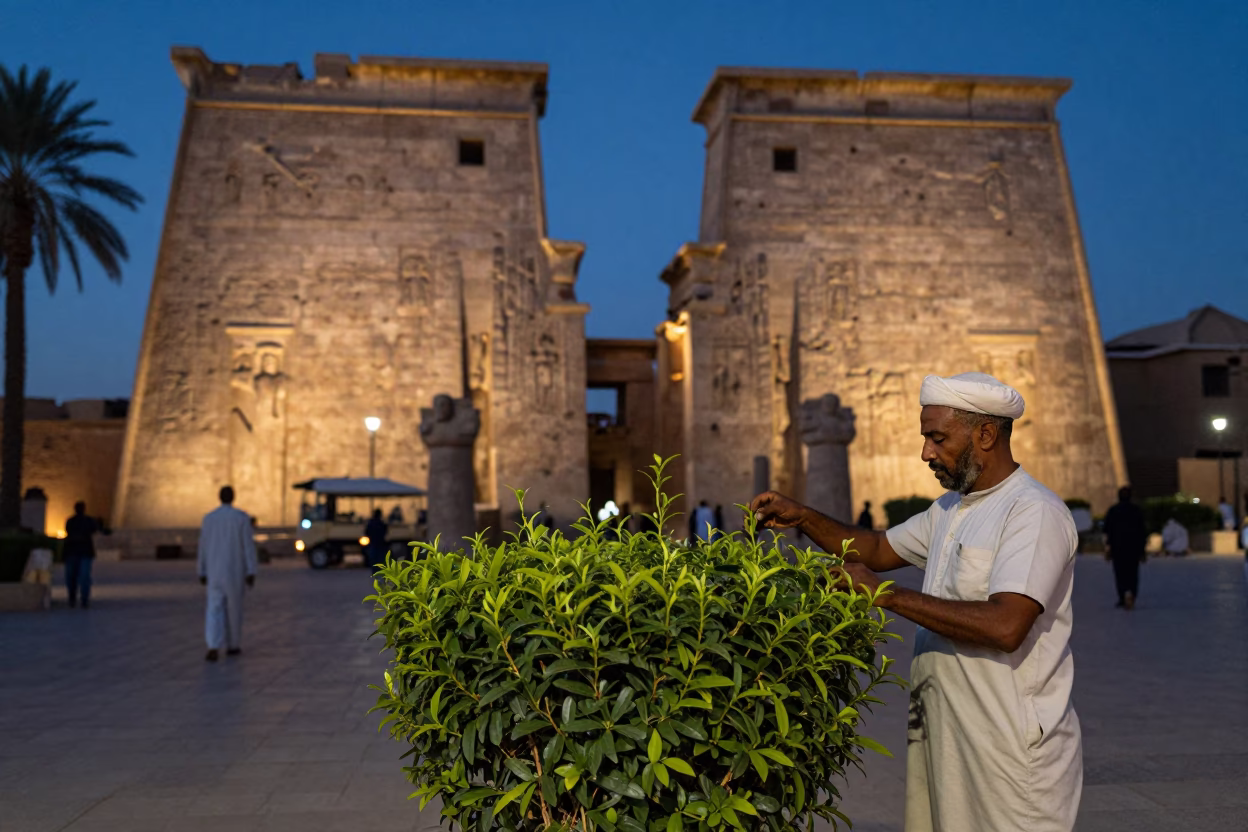 Luxor Egypt Twilight Street Scene with Tea Bush and Local Vendor Interaction in in Luxor, Egypt