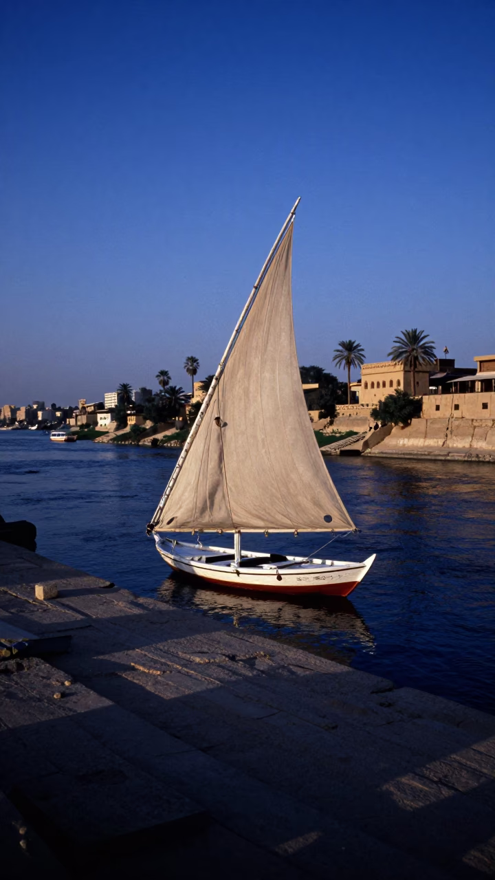 Luxor Egypt Twilight Street Scene with Traditional Boat and Riverbank Activity in in Luxor, Egypt
