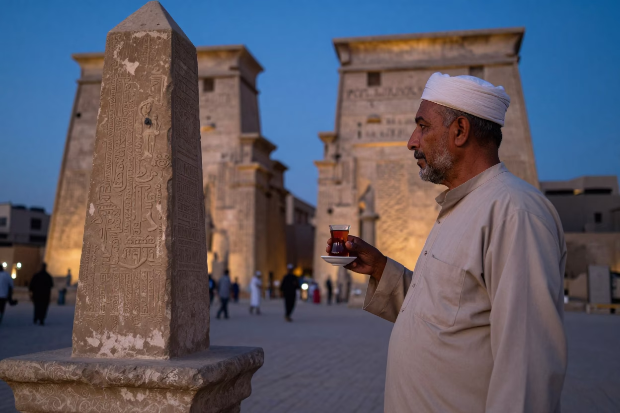 Luxor Egypt twilight street scene with traditional cup and local vendor interaction in in Luxor, Egypt