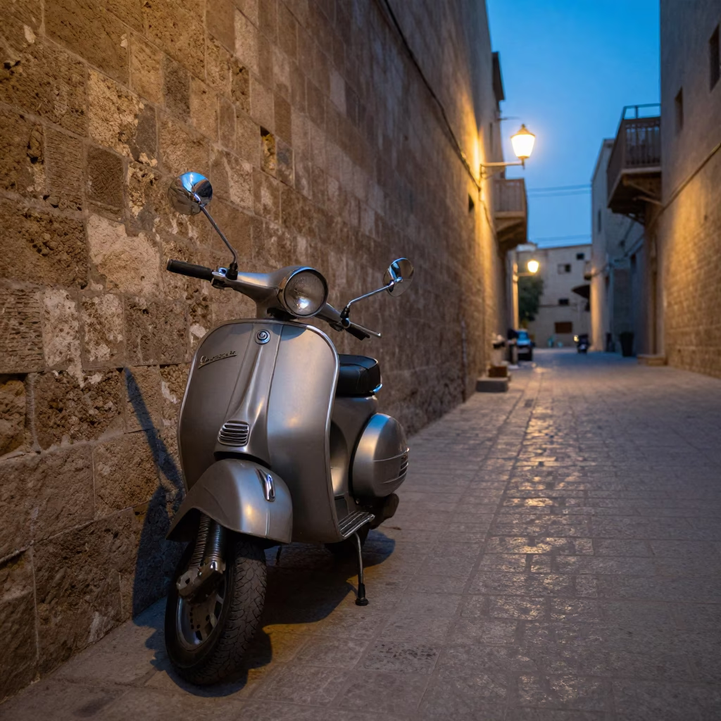 Luxor Egypt Twilight Street Scene with Vintage Vespa and Local Life in in Luxor, Egypt