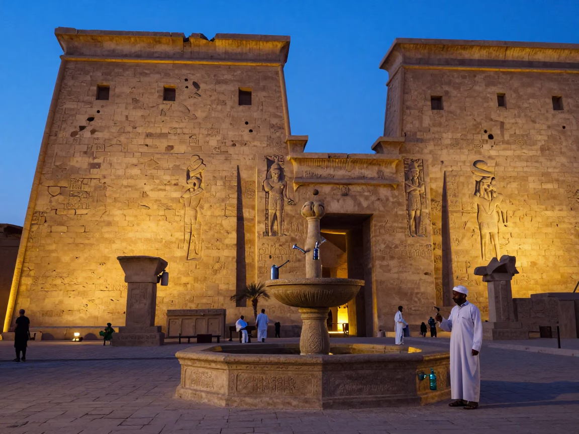 Luxor Egypt Twilight Street Scene with Watering Bottle and Local Interaction in in Luxor, Egypt