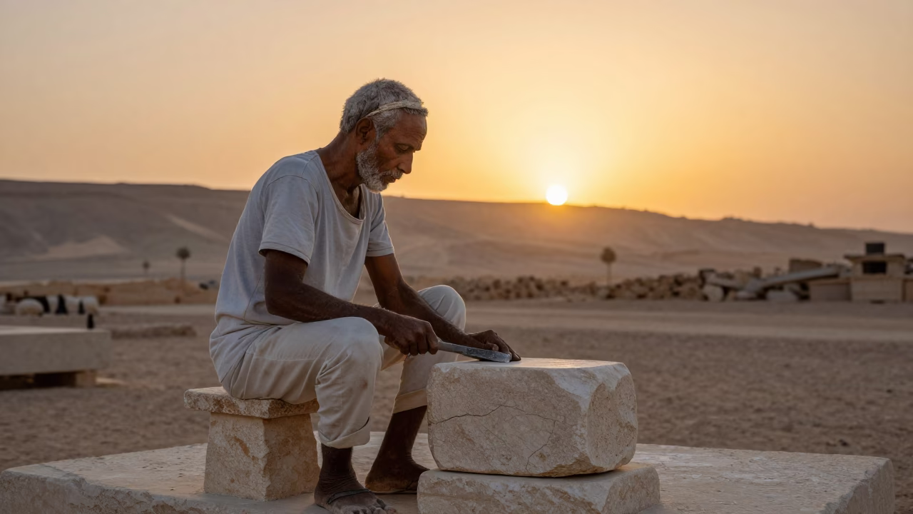 Luxor Egyptian Stone Carver Working with Chisel at Sunrise in in Luxor, Egypt