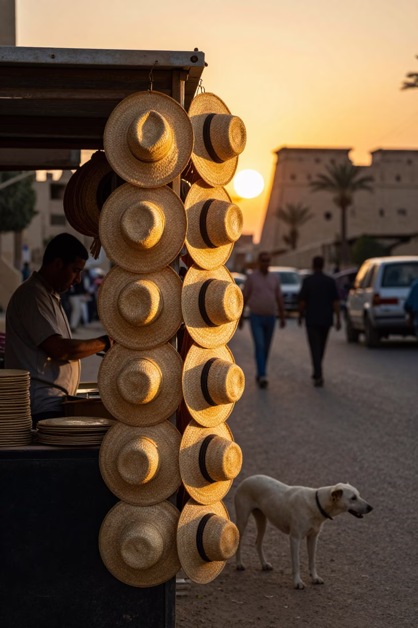 Luxor Egyptian Street Scene Golden Hour with White Dog and Sun Hats in in Luxor, Egypt