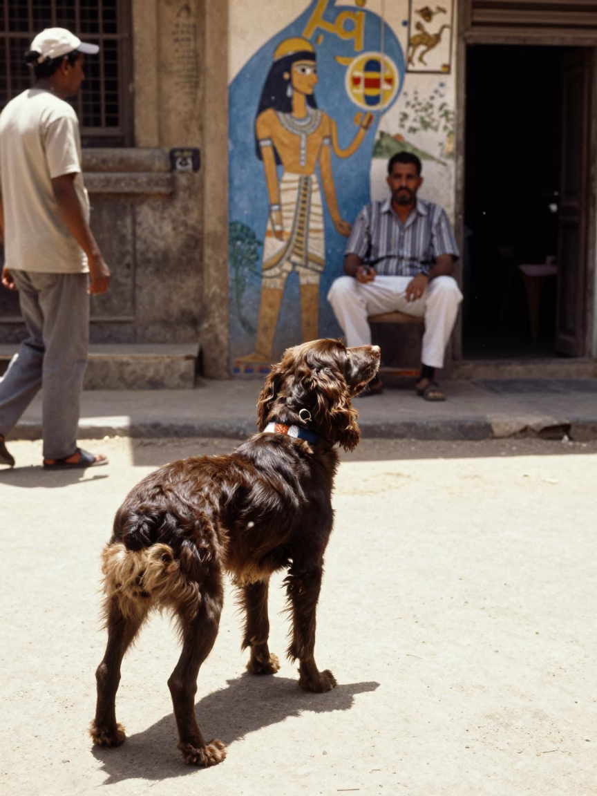 Luxor Egyptian Street Scene with American Water Spaniel and Muralist at Midday in in Luxor, Egypt
