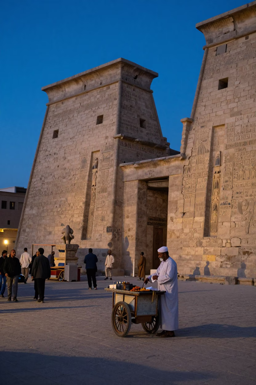 Luxor Evening Blue Hour Street Scene with Local Vendor and Traditional Elements in in Luxor, Egypt