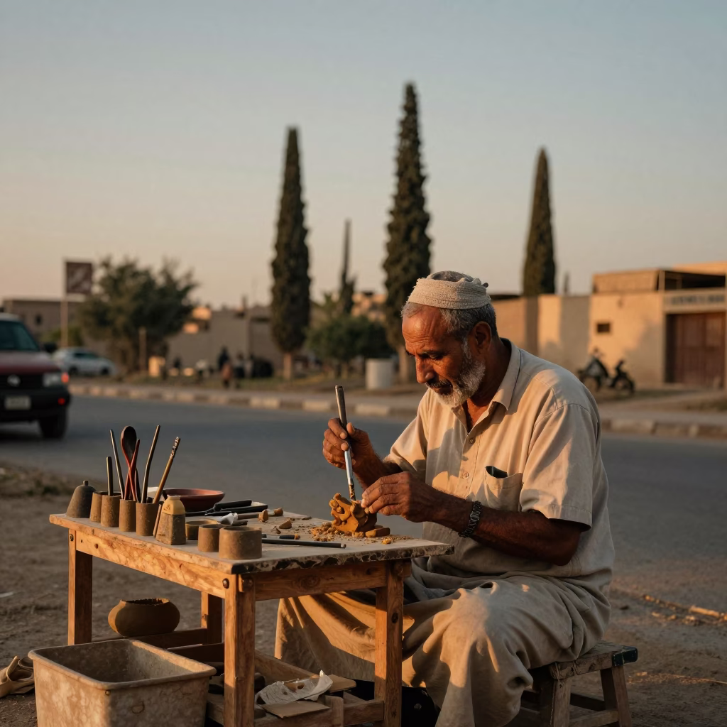 Luxor Evening Street Scene with Artisan Tool and Traditional Decor in in Luxor, Egypt