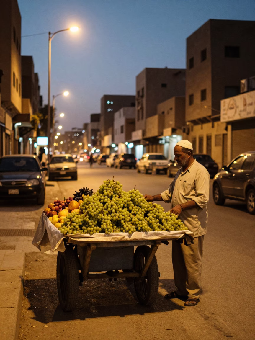 Luxor evening street scene with fruit vendor cart and glowing city lights in Egypt in in Luxor, Egypt
