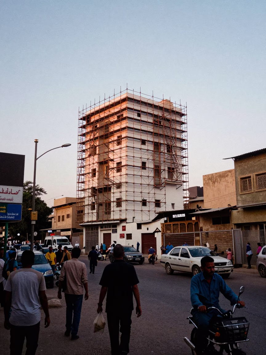 Luxor Evening Street Scene with Geometric Scaffold and Local Life in in Luxor, Egypt