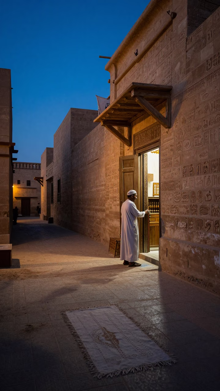 Luxor Evening Street Scene with Linen Fringe and Glass Vase in Last Blue Light in in Luxor, Egypt