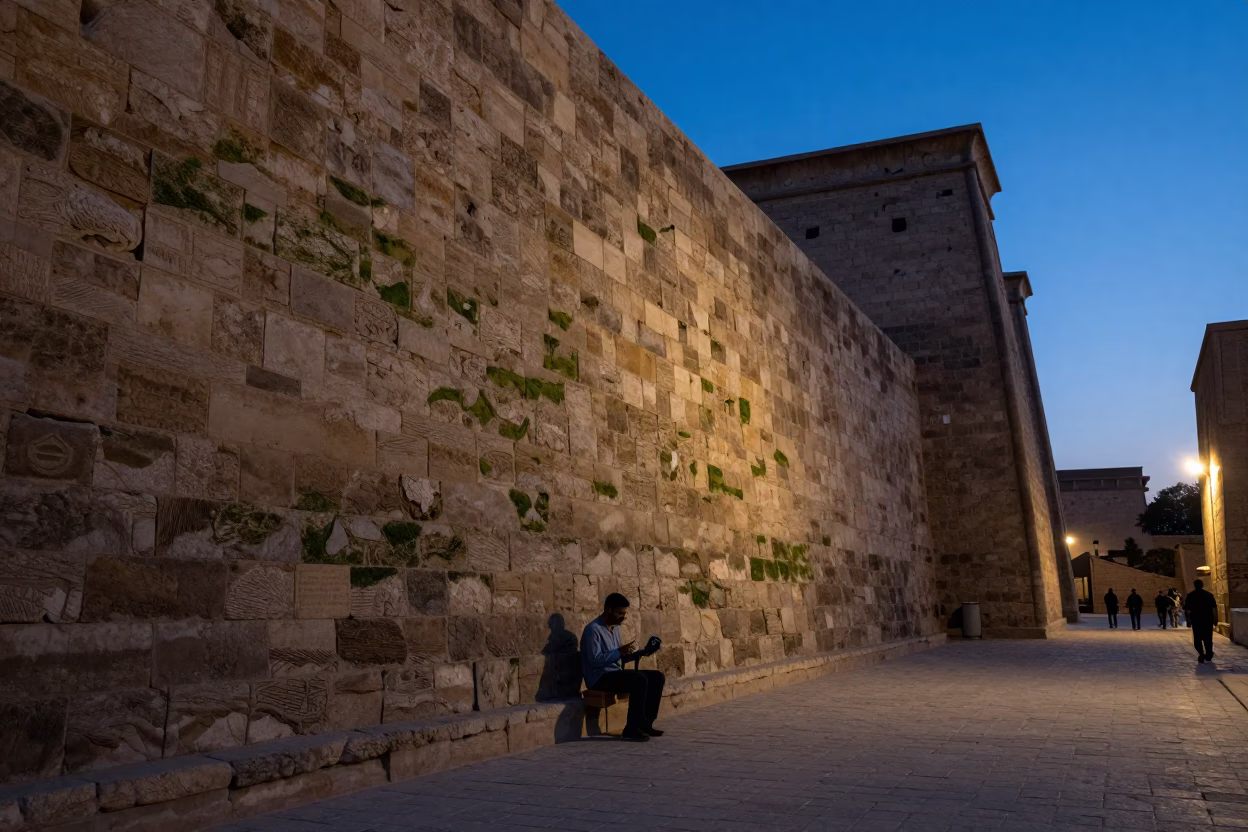 Luxor Evening Street Scene with Mossy Stone Wall and Accordion Player in in Luxor, Egypt