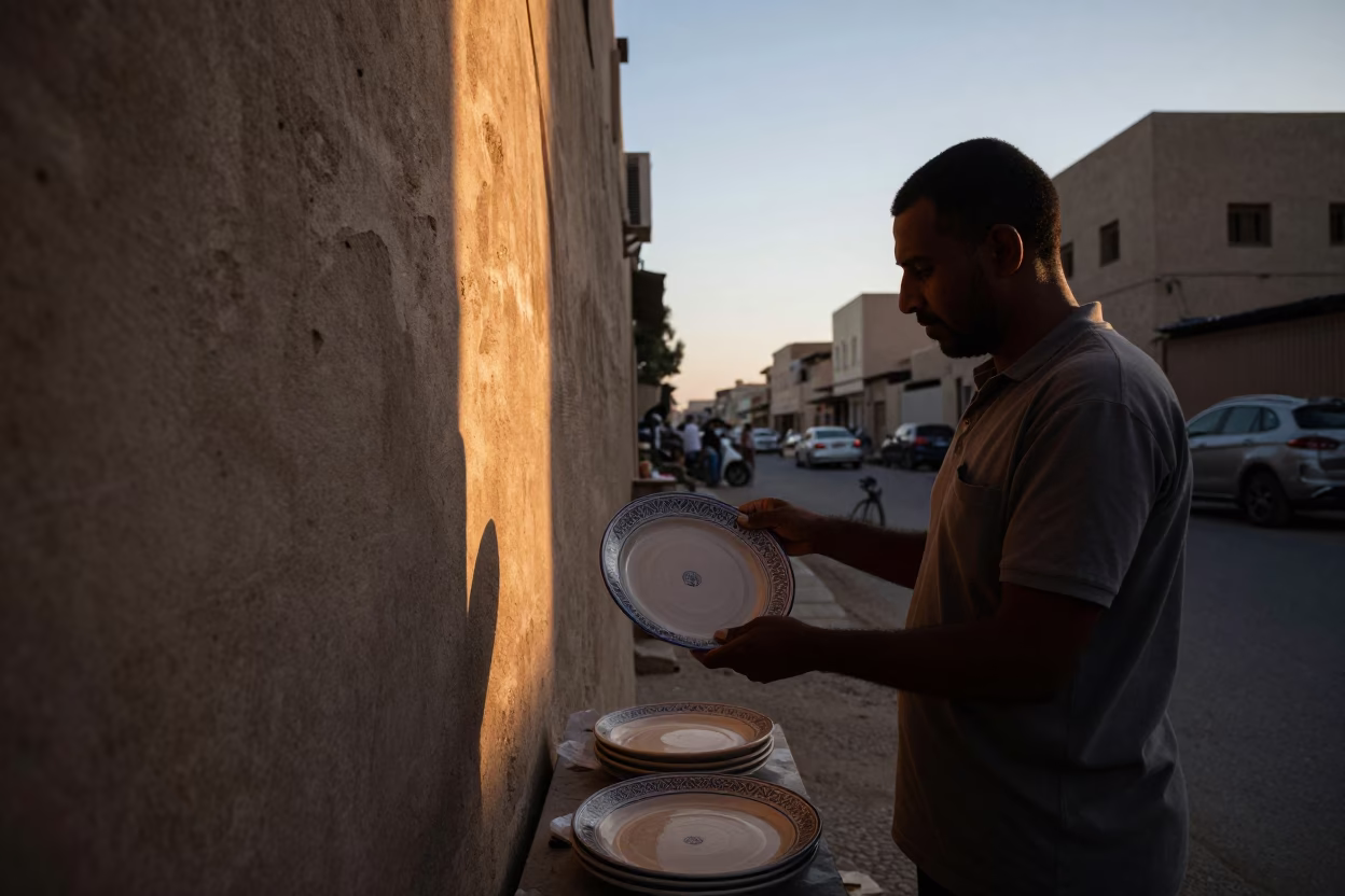 Luxor Evening Street Scene with Traditional Plate and Sunlight on Fabric in in Luxor, Egypt
