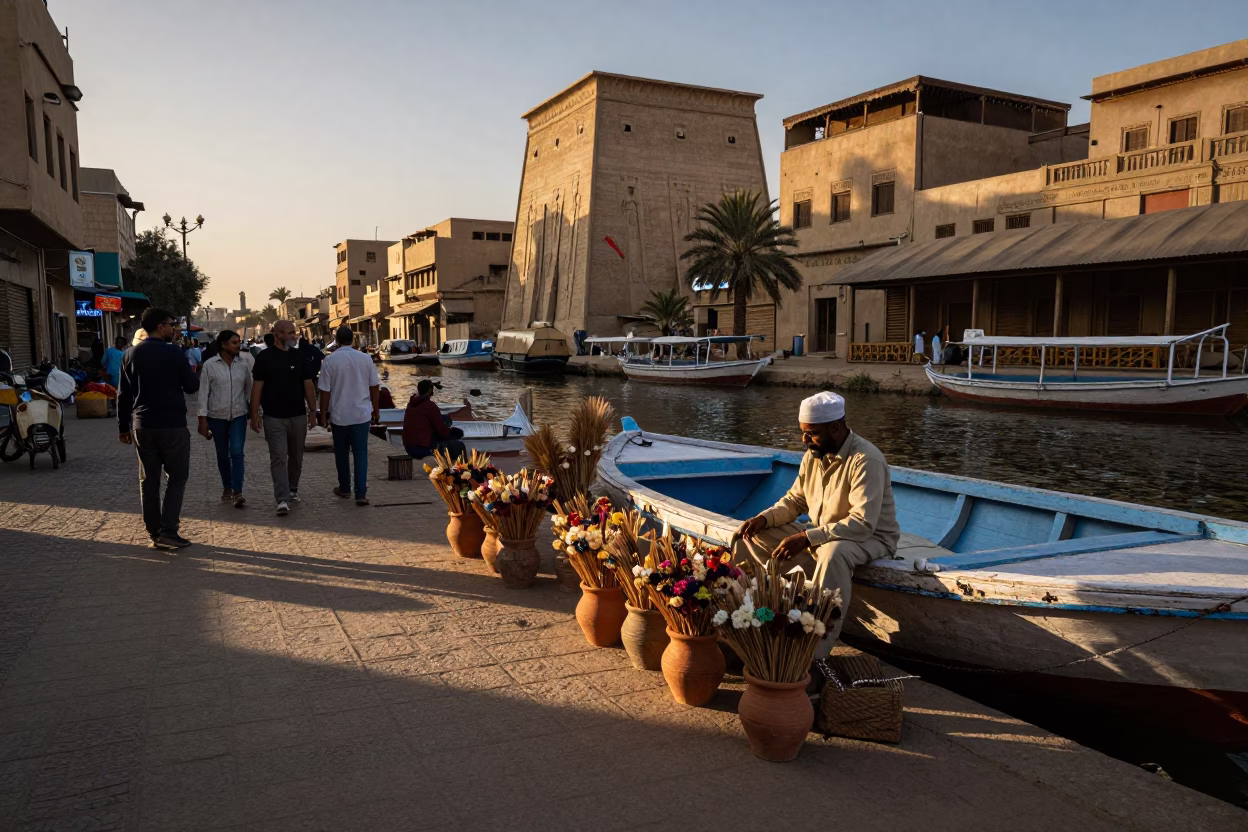 Luxor Evening Street Scene with Vendor and Traditional Boat on Nile in in Luxor, Egypt