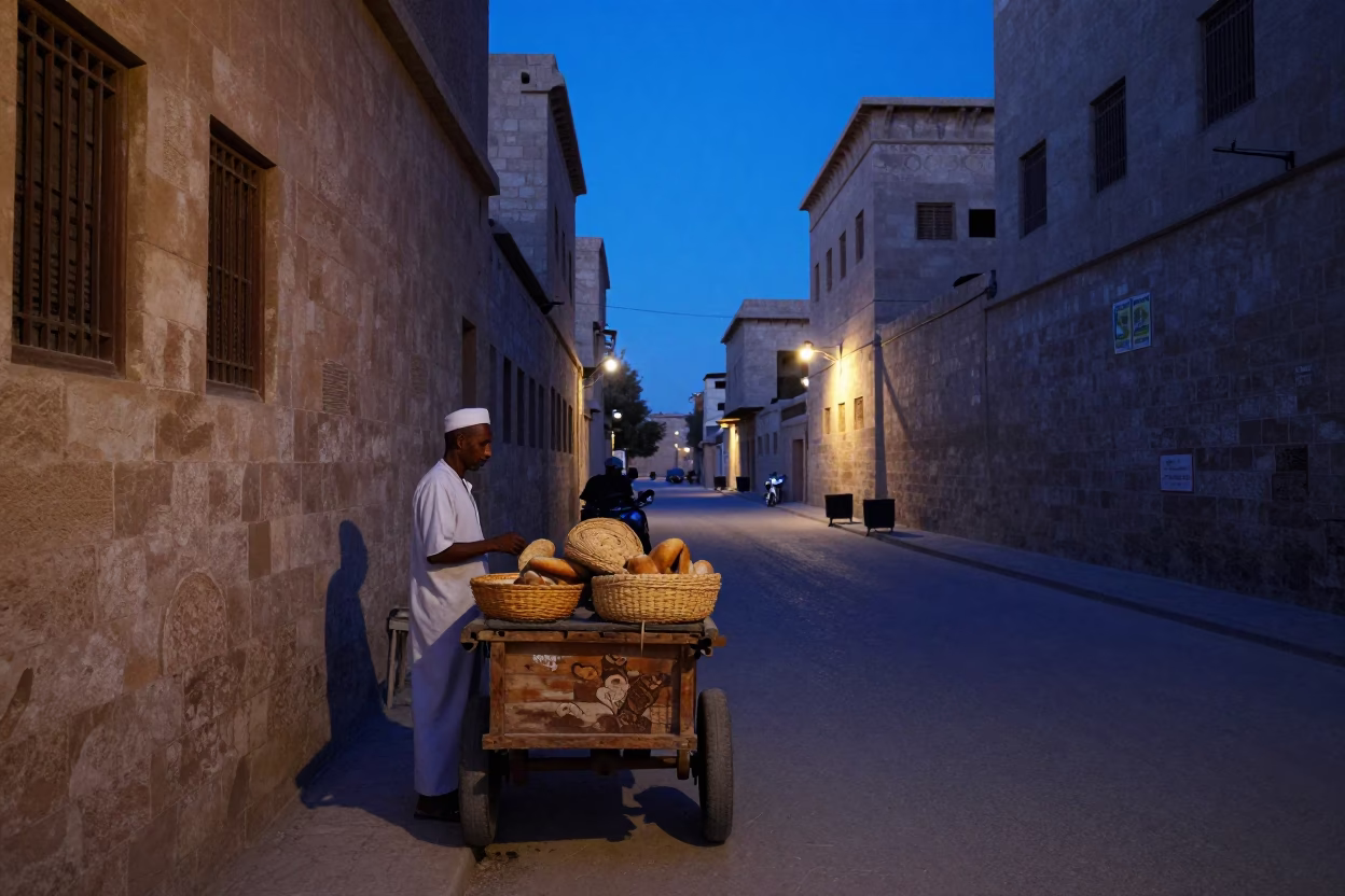 Luxor Evening Street Scene with Woven Bread Basket and Ceramic Cup in Indigo Twilight in in Luxor, Egypt