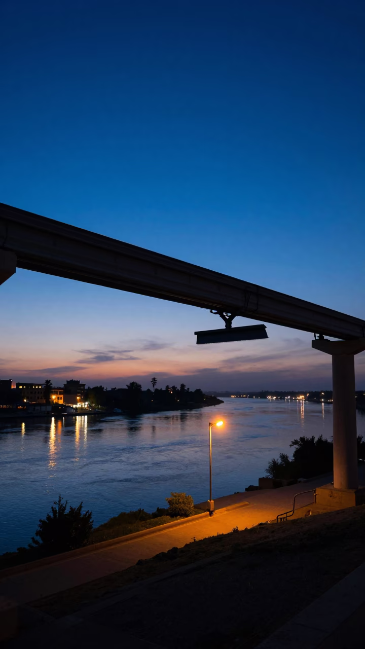 Luxor Monorail Sweeping Above Nile River at Blue Hour After Sunset in in Luxor, Egypt
