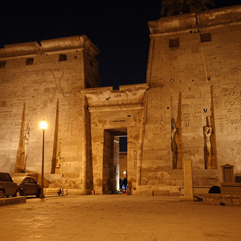 Luxor Night Street Scene With Ancient Temple Walls And Local Traffic in in Luxor, Egypt