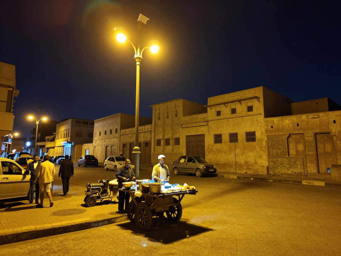 Luxor Night Street Scene with Food Vendor and Traditional Architecture Under Deep Night Sky in in Luxor, Egypt