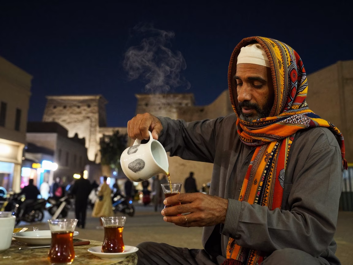 Luxor Night Street Scene with Scarf and Fingerprinted Teacup Under Starry Sky in in Luxor, Egypt