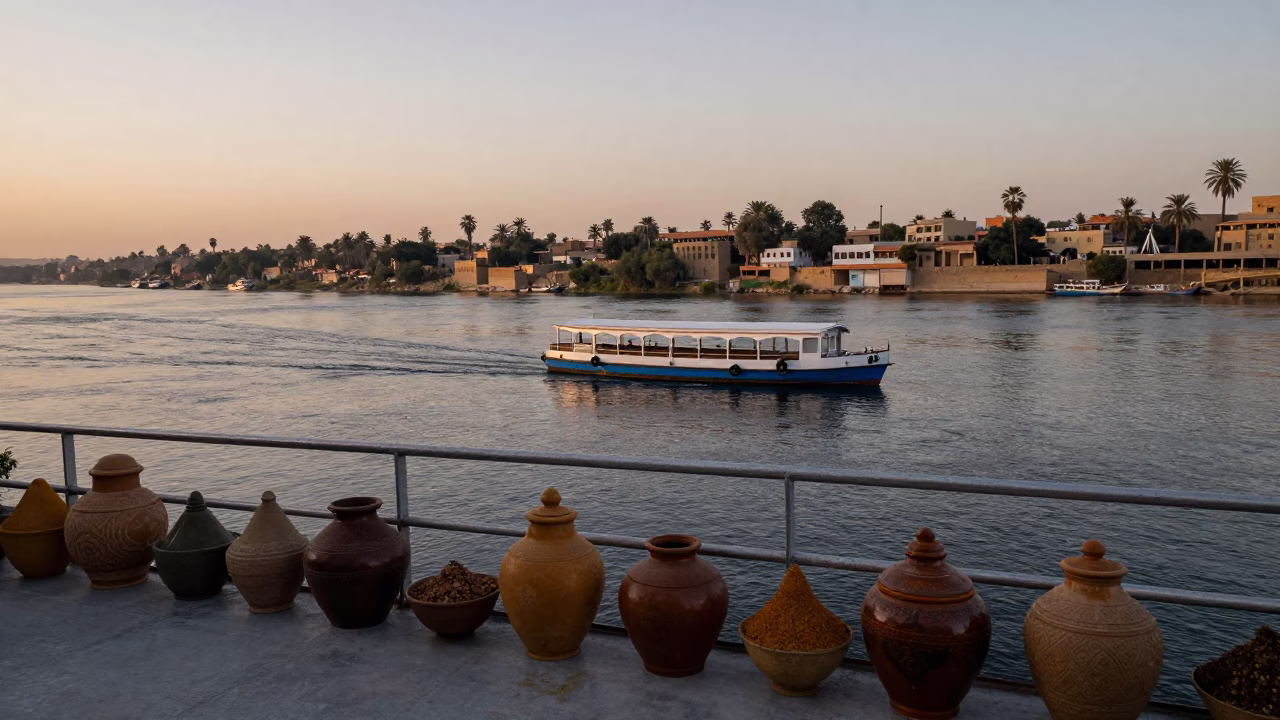 Luxor Nile Chain Ferry Evening Scene with Spice Jars and Local Commerce in in Luxor, Egypt