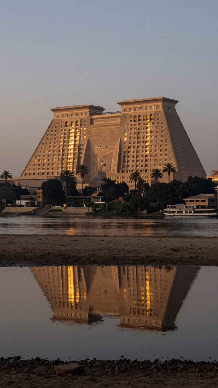 Luxor Nile Dawn Puddle Reflection of Hotel Windows and Tail Lights in in Luxor, Egypt