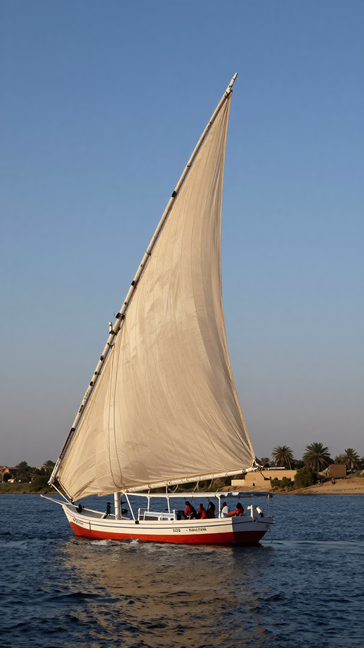 Luxor Nile Felucca Sailboat at Blue Hour with Spinnaker Sailing in Egypt in in Luxor, Egypt