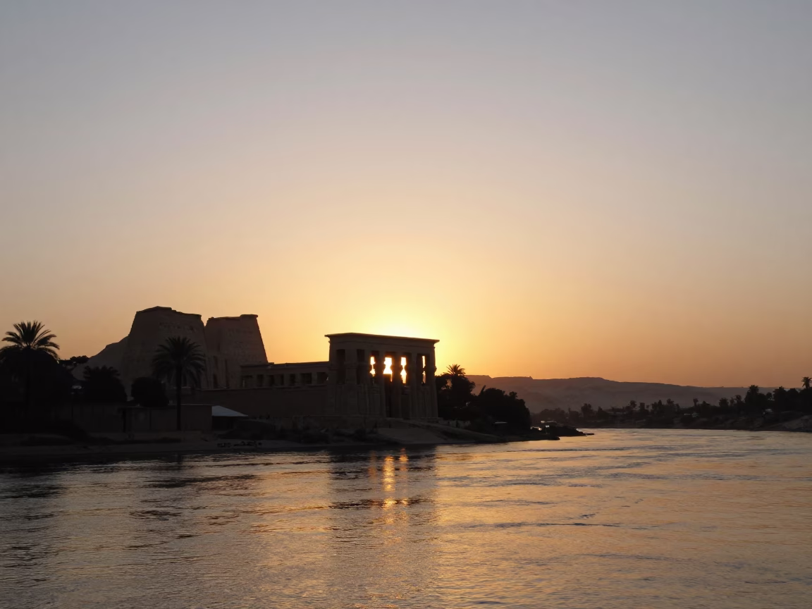 Luxor Nile River And Ancient Temple Silhouette at Golden Hour in in Luxor, Egypt