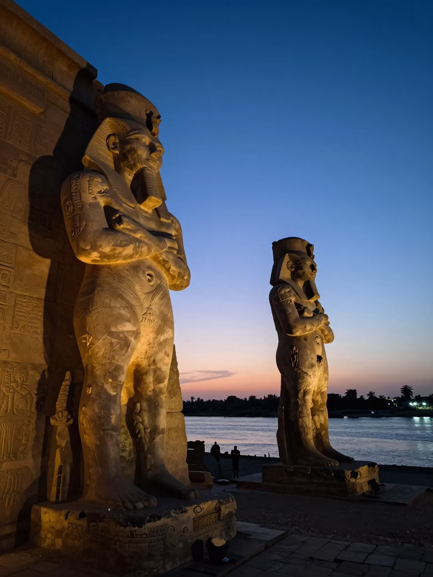 Luxor Nile River And Temple Colossi From A Traditional Felucca Boat Deck in in Luxor, Egypt