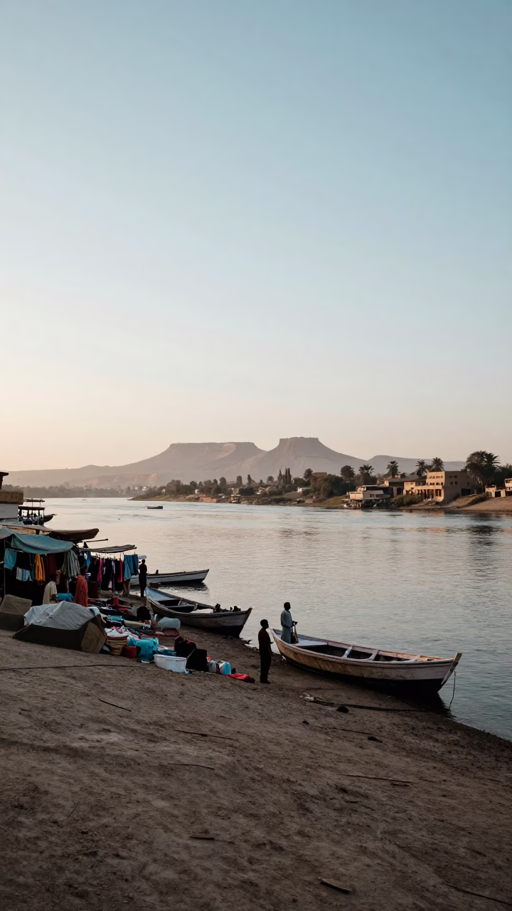 Luxor Nile Riverbank at Nautical Dawn with Local Market Activity and Scarf in in Luxor, Egypt