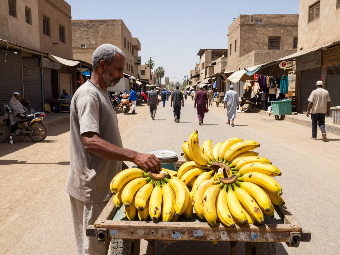 Luxor Noon Street Scene with Bananas and Local Commerce in in Luxor, Egypt