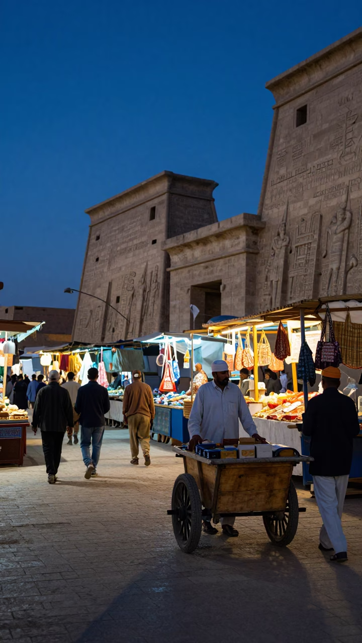 Luxor Street Scene at Blue Hour with Traditional Market Stalls and Pedestrians in in Luxor, Egypt