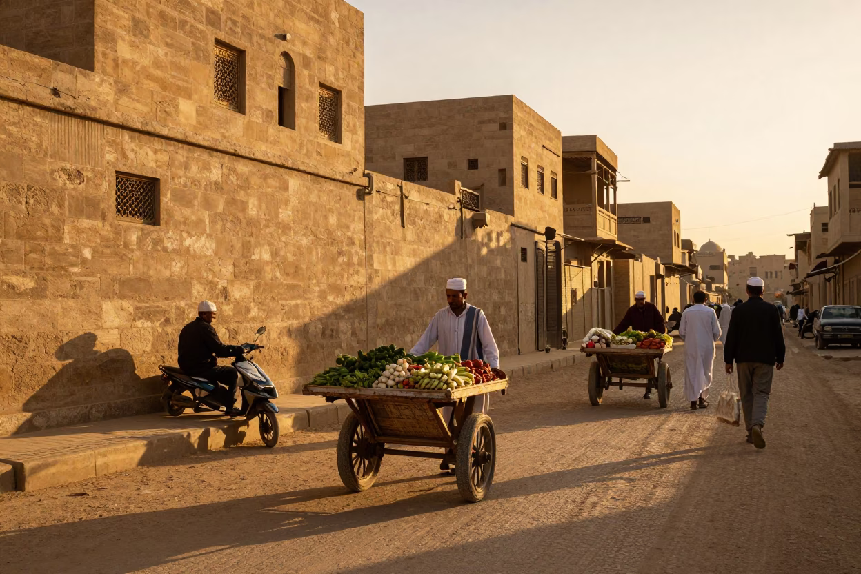 Luxor street scene at golden hour with rolling carts and local life in in Luxor, Egypt