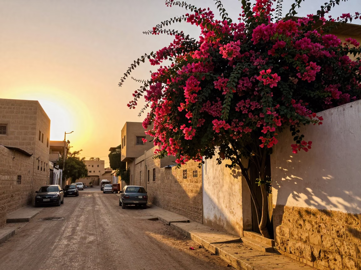 Luxor Street Scene at Sunset with Bougainvillea and Local Life in in Luxor, Egypt
