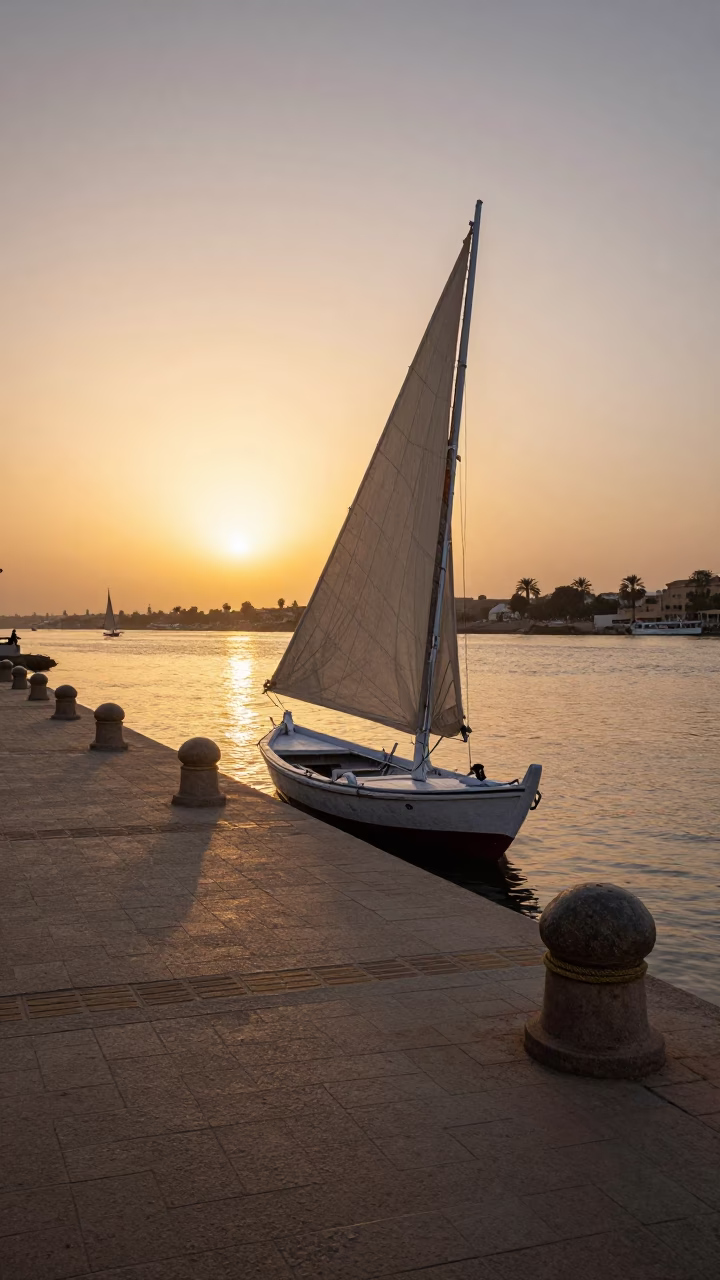 Luxor street scene at sunset with traditional boat and local vendor in in Luxor, Egypt