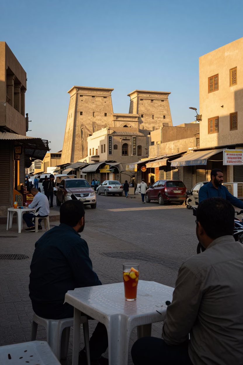 Luxor Street Scene Late Afternoon Light with Local Commerce and Dhow Silhouette in in Luxor, Egypt