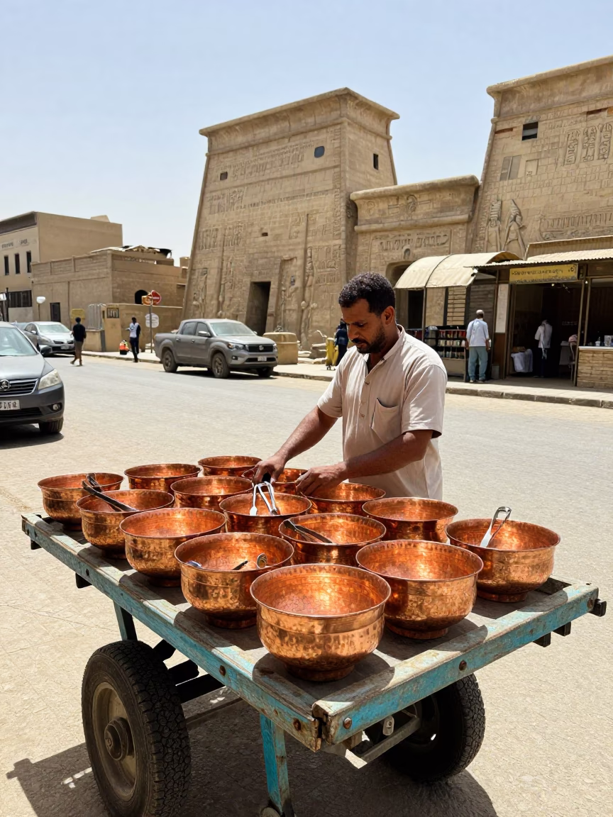 Luxor street scene with copper bowls and tongs under noon glare in in Luxor, Egypt