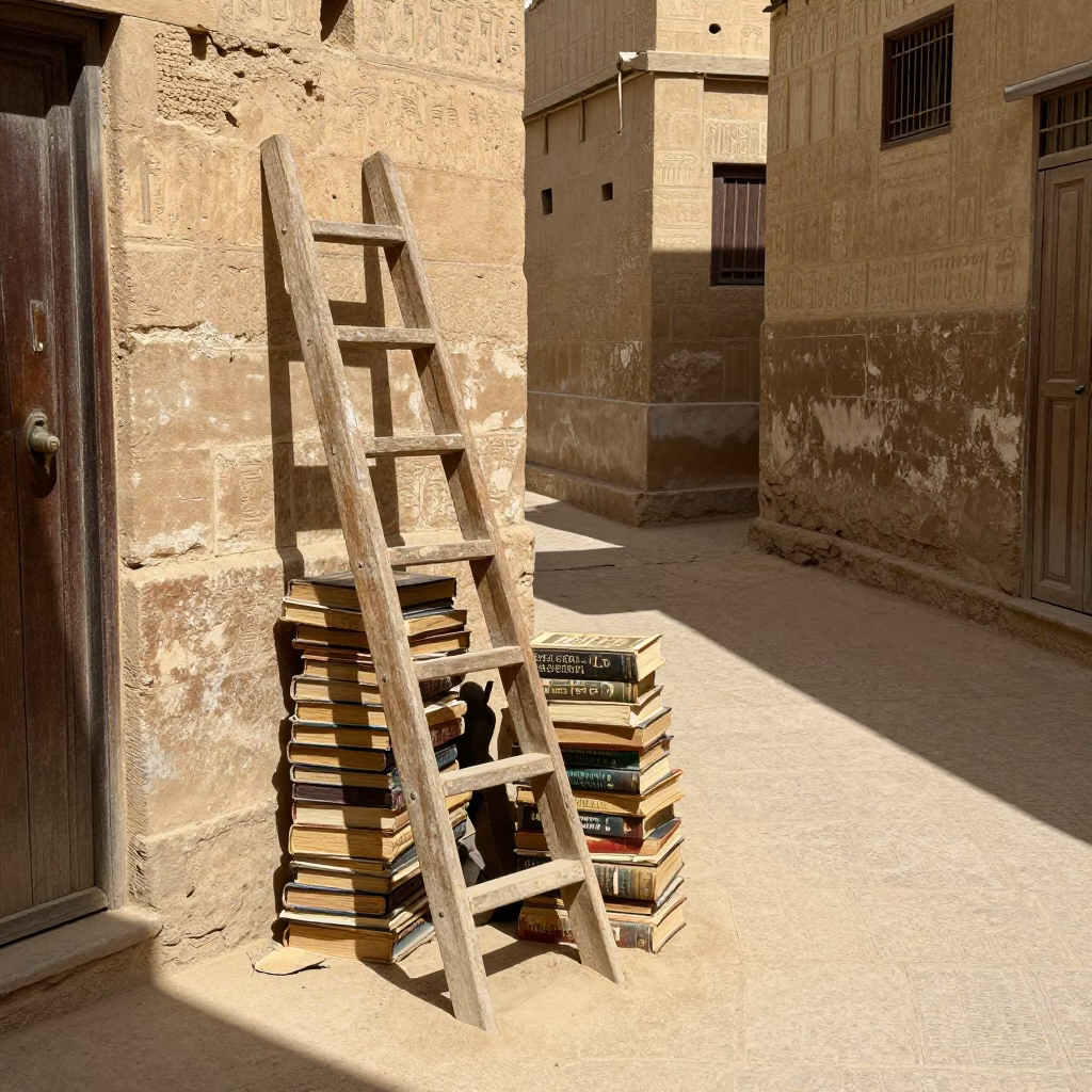 Luxor Street Scene with Old Encyclopedias and Dust on Tile Grout in in Luxor, Egypt