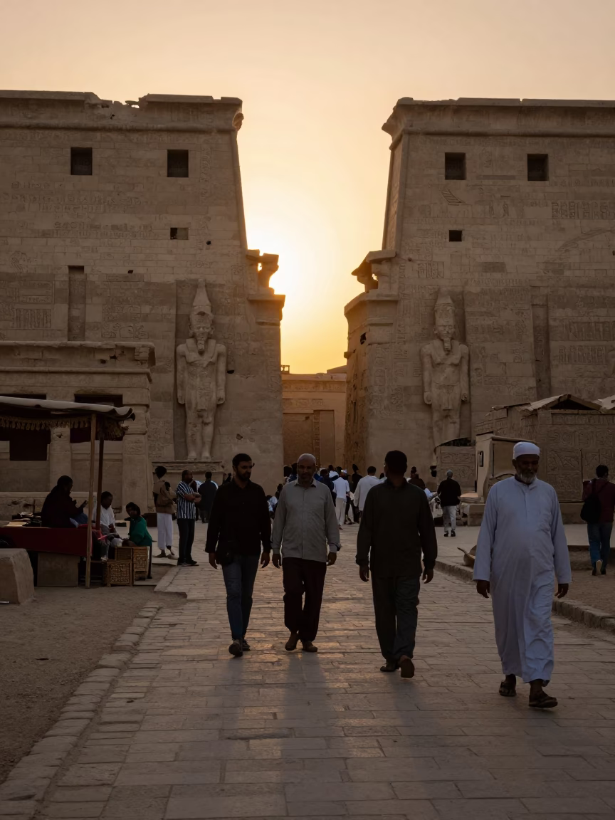 Luxor street scene with tourists and ancient temple walls at golden hour in in Luxor, Egypt