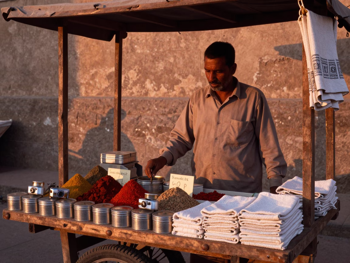Luxor Street Vendor Displaying Spices and Tea Towels Under Copper Dusk Light in in Luxor, Egypt