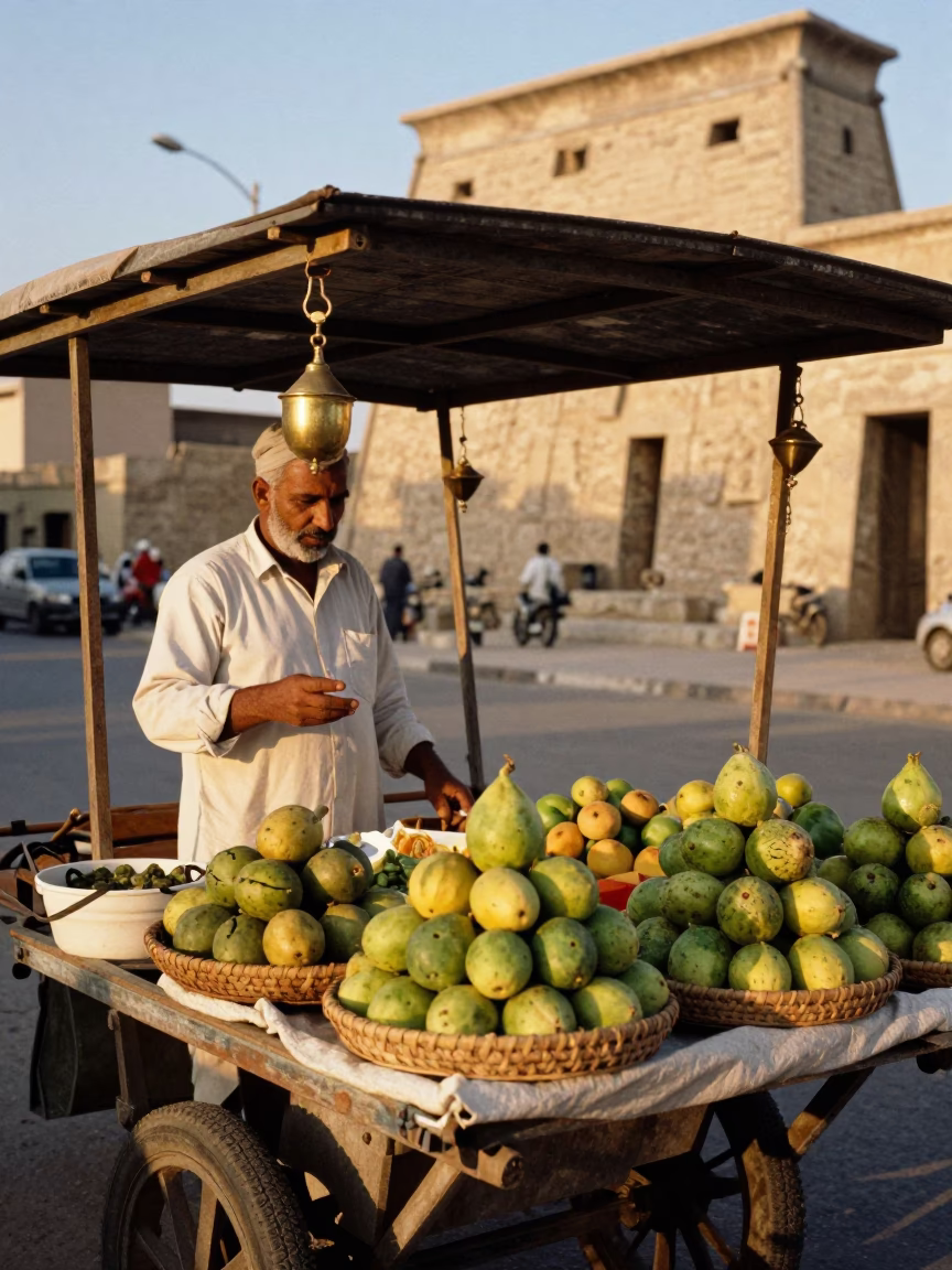 Luxor street vendor evening light with fruit display and brass details in in Luxor, Egypt