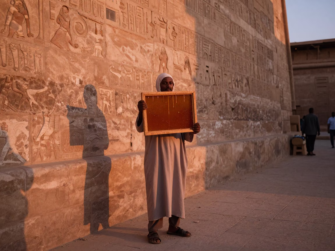 Luxor Street Vendor Selling Honey Frames in Copper Dusk Light Near Temple in in Luxor, Egypt