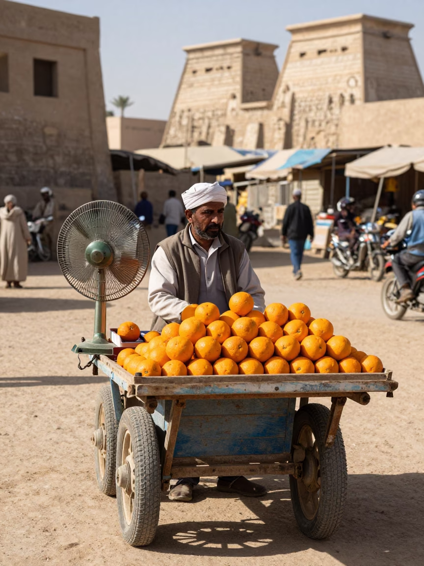 Luxor street vendor stall with oranges and fans in winter noon light in in Luxor, Egypt