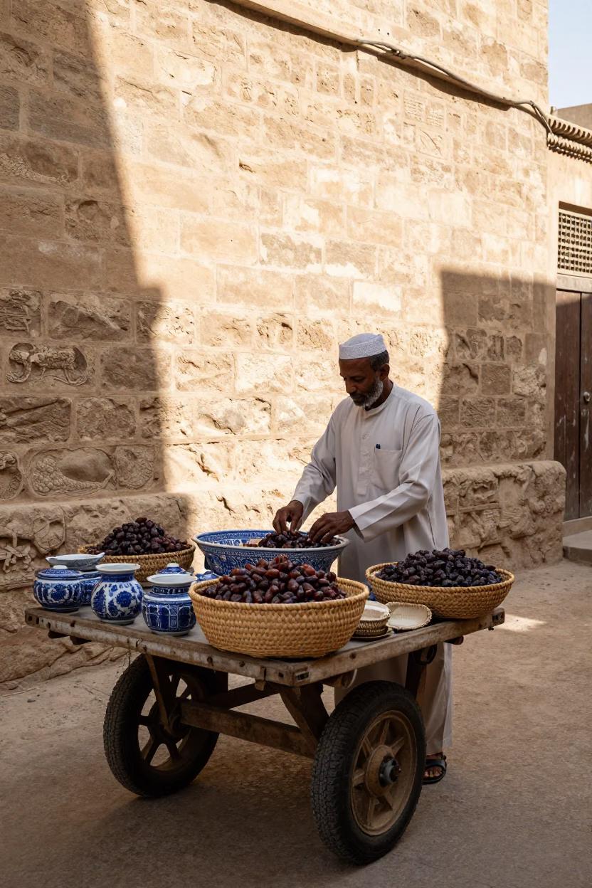 Luxor street vendor with woven baskets and blue porcelain jar in in Luxor, Egypt