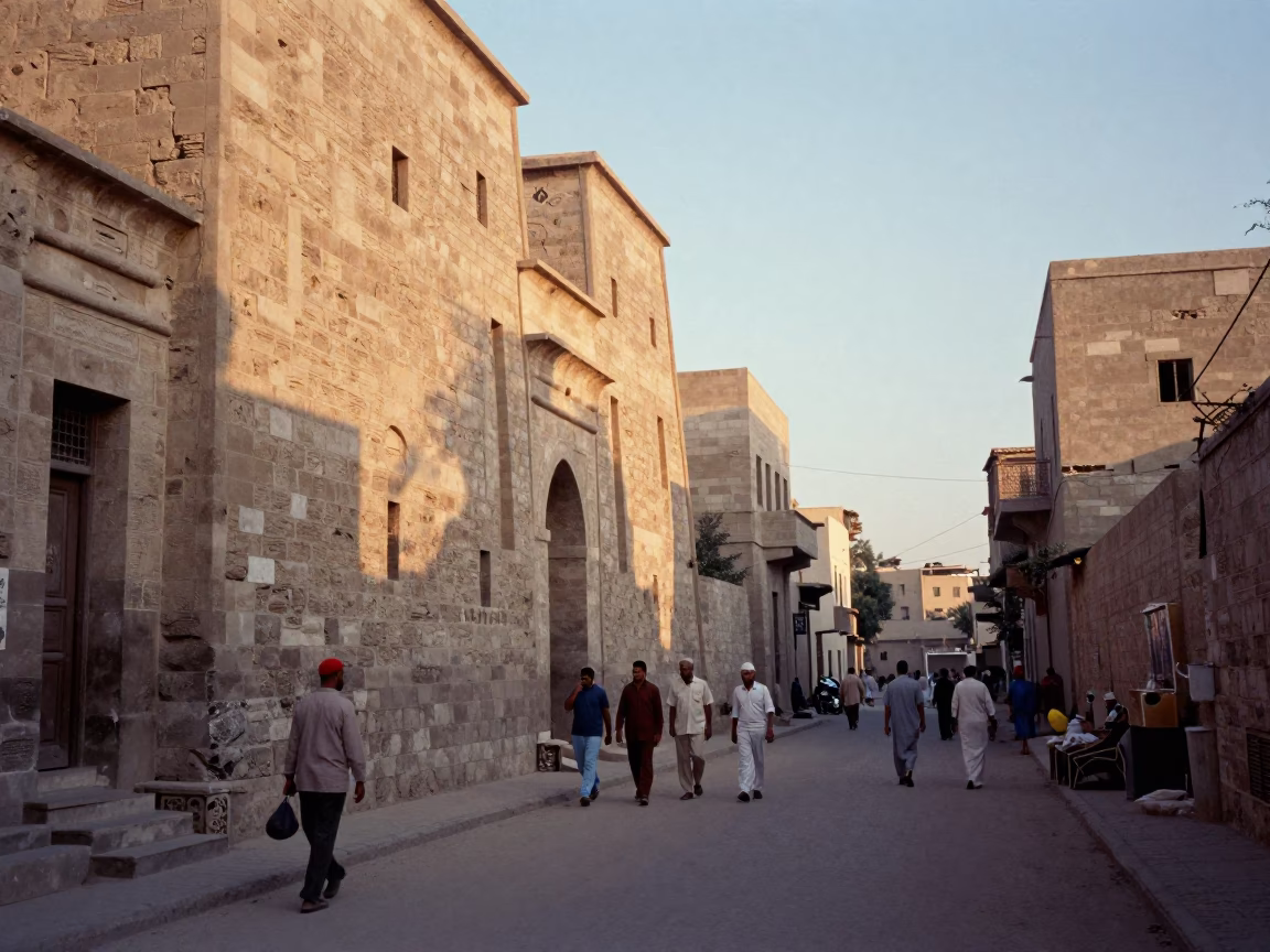 Luxor Sunrise Street Scene with Stone Architecture and Local Market Activity in in Luxor, Egypt