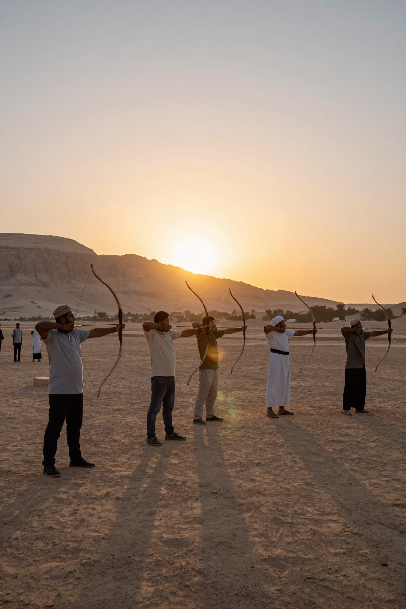 Luxor Sunset Over the Nile with Traditional Archery Practice and Bridge Maintenance Cradle in in Luxor, Egypt
