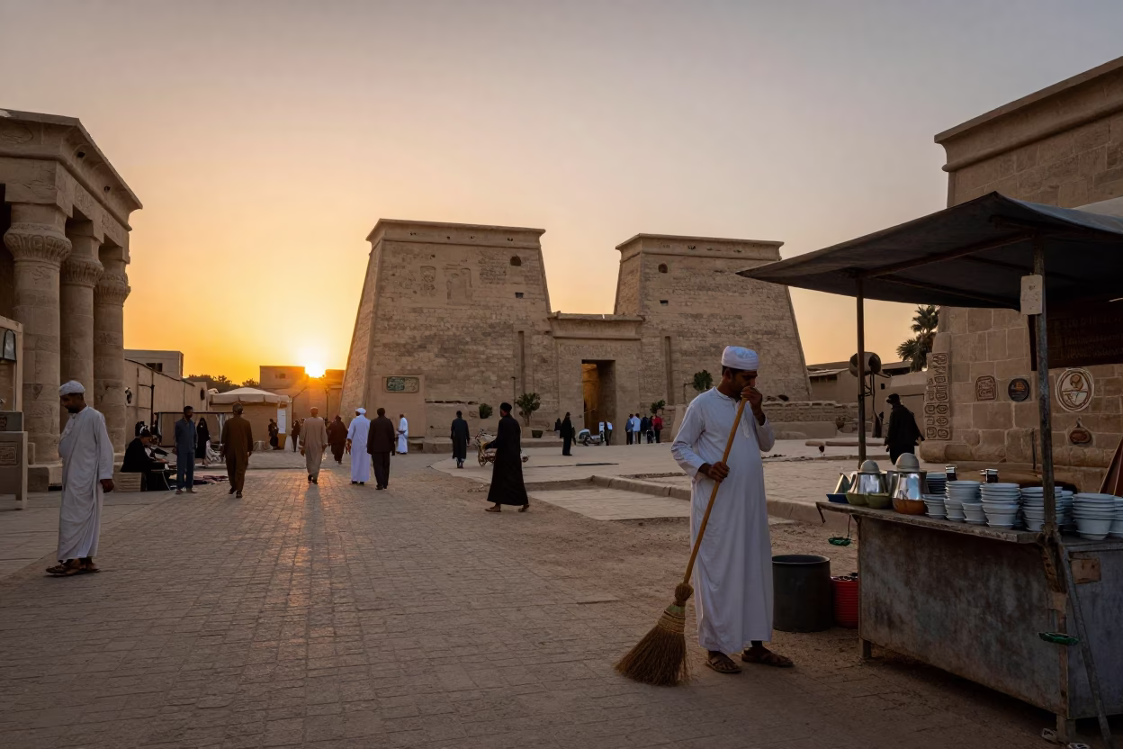 Luxor Sunset Street Scene with Broom and Traditional Tea Service in in Luxor, Egypt