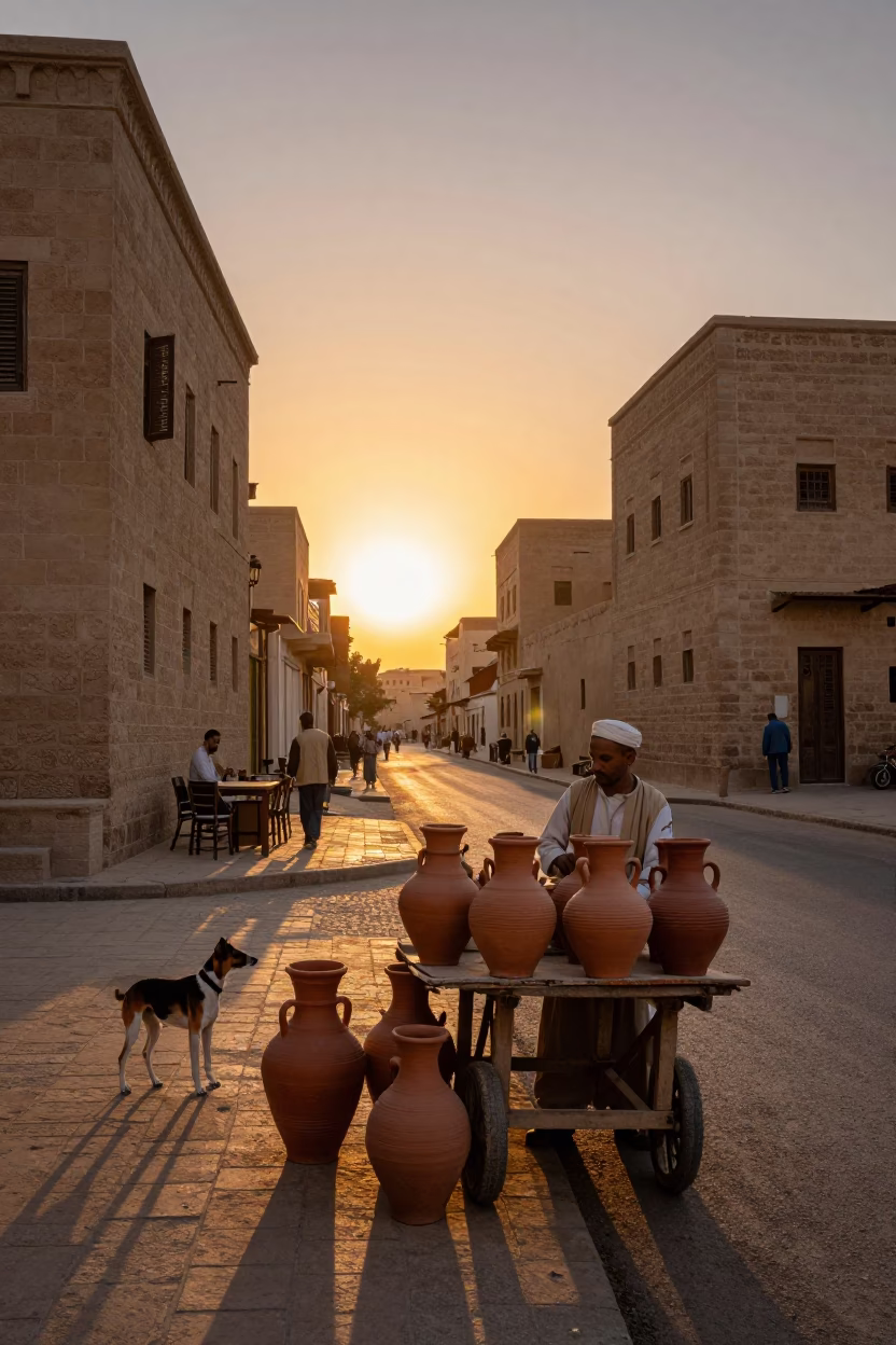 Luxor Sunset Street Scene with Clay Pot and Basenji Dog in in Luxor, Egypt